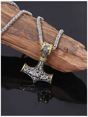 Viking Jewelry Thors Hammer Norse-Inspired Dual-Tone Pendant Braided Wheat Chain